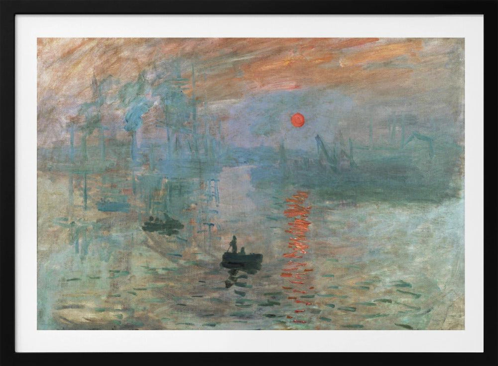 A framed Impressionist painting by Claude Monet titled 'Impression, Sunrise.' It depicts a hazy, misty harbor scene with a bright red-orange sun rising in the sky and reflecting on the water. Silhouettes of boats and industrial ships are visible through the fog. Wall Art