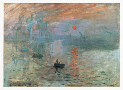 A framed Impressionist painting by Claude Monet titled 'Impression, Sunrise.' It depicts a hazy, misty harbor scene with a bright red-orange sun rising in the sky and reflecting on the water. Silhouettes of boats and industrial ships are visible through the fog. Wall Art