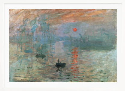 A framed Impressionist painting by Claude Monet titled 'Impression, Sunrise.' It depicts a hazy, misty harbor scene with a bright red-orange sun rising in the sky and reflecting on the water. Silhouettes of boats and industrial ships are visible through the fog. Wall Art