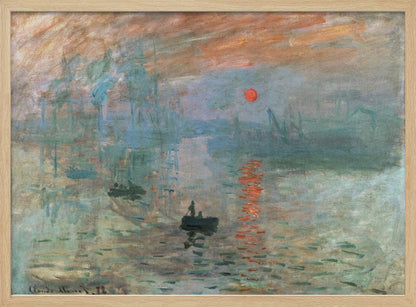 A framed Impressionist painting by Claude Monet titled 'Impression, Sunrise.' It depicts a hazy, misty harbor scene with a bright red-orange sun rising in the sky and reflecting on the water. Silhouettes of boats and industrial ships are visible through the fog. Wall Art
