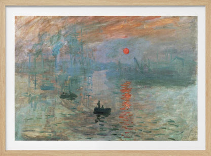 A framed Impressionist painting by Claude Monet titled 'Impression, Sunrise.' It depicts a hazy, misty harbor scene with a bright red-orange sun rising in the sky and reflecting on the water. Silhouettes of boats and industrial ships are visible through the fog. Wall Art