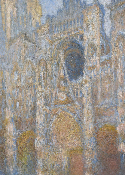 An impressionist painting depicting the facade of a grand cathedral. The artwork is characterized by its textured brushstrokes and a muted color palette of blues, golds, and tans, capturing the interplay of light and shadow on the stone architecture. The painting is set within a simple black frame. Artwork