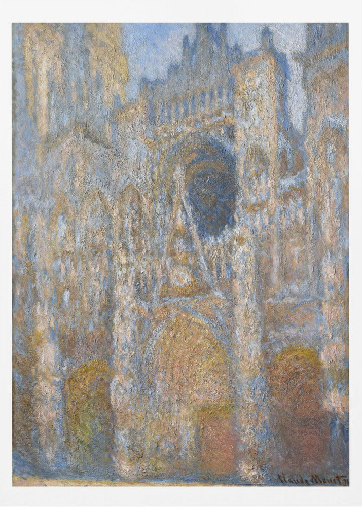 An impressionist painting depicting the facade of a grand cathedral. The artwork is characterized by its textured brushstrokes and a muted color palette of blues, golds, and tans, capturing the interplay of light and shadow on the stone architecture. The painting is set within a simple black frame. Artwork