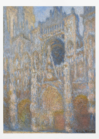 An impressionist painting depicting the facade of a grand cathedral. The artwork is characterized by its textured brushstrokes and a muted color palette of blues, golds, and tans, capturing the interplay of light and shadow on the stone architecture. The painting is set within a simple black frame. Artwork