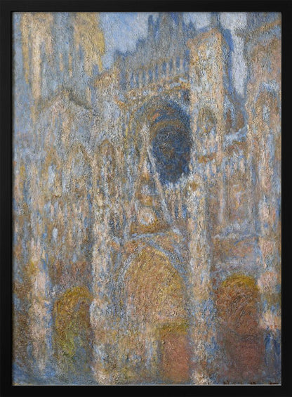 An impressionist painting depicting the facade of a grand cathedral. The artwork is characterized by its textured brushstrokes and a muted color palette of blues, golds, and tans, capturing the interplay of light and shadow on the stone architecture. The painting is set within a simple black frame. Artwork