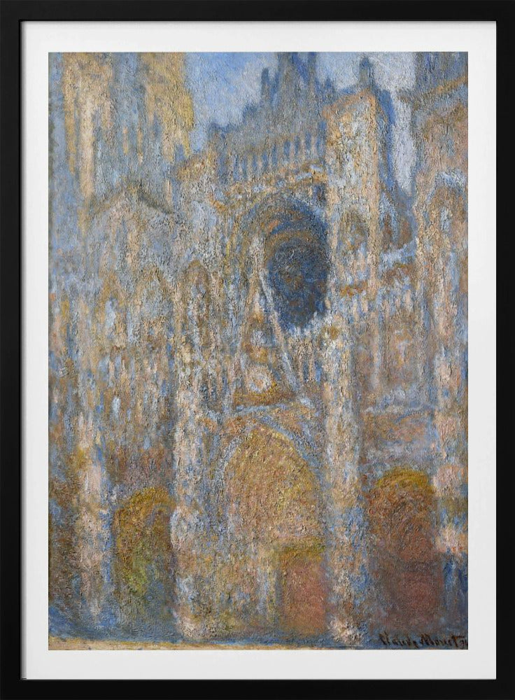 An impressionist painting depicting the facade of a grand cathedral. The artwork is characterized by its textured brushstrokes and a muted color palette of blues, golds, and tans, capturing the interplay of light and shadow on the stone architecture. The painting is set within a simple black frame. Artwork