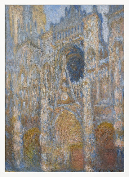 An impressionist painting depicting the facade of a grand cathedral. The artwork is characterized by its textured brushstrokes and a muted color palette of blues, golds, and tans, capturing the interplay of light and shadow on the stone architecture. The painting is set within a simple black frame. Artwork