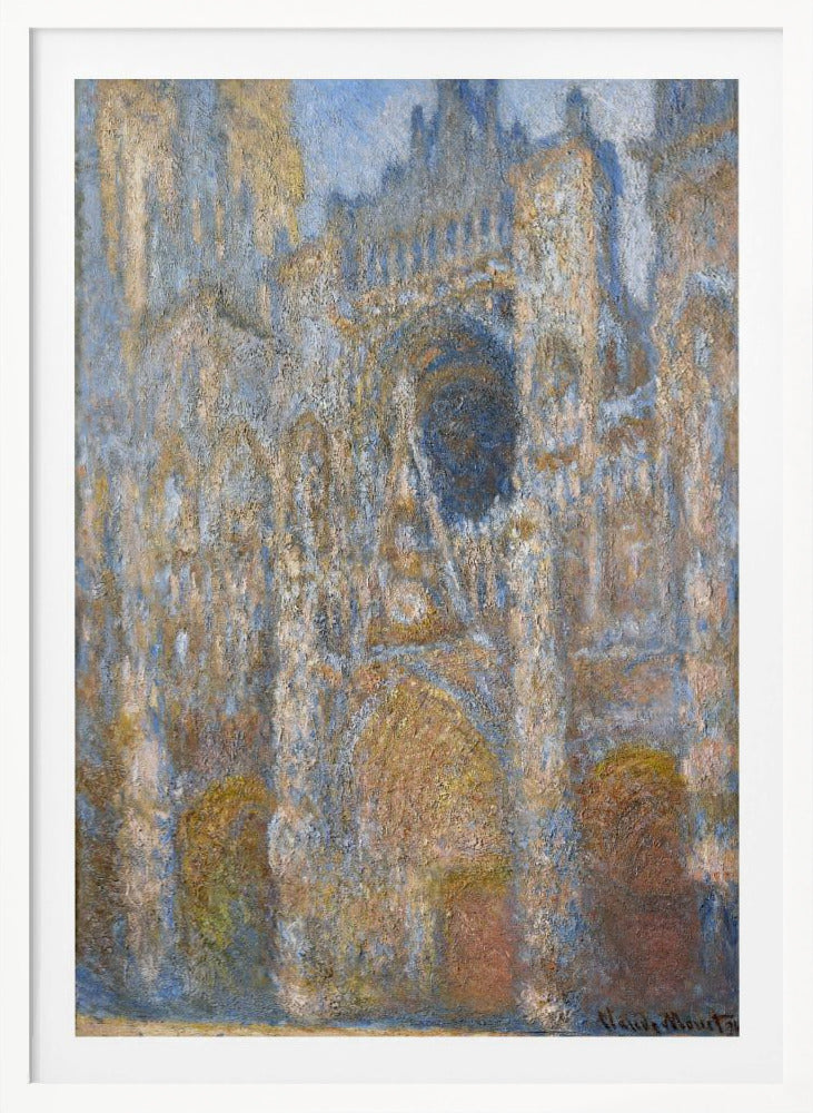 An impressionist painting depicting the facade of a grand cathedral. The artwork is characterized by its textured brushstrokes and a muted color palette of blues, golds, and tans, capturing the interplay of light and shadow on the stone architecture. The painting is set within a simple black frame. Artwork