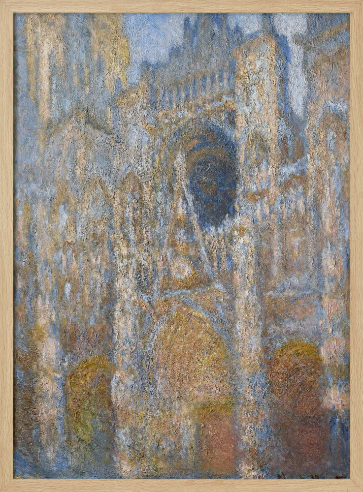 An impressionist painting depicting the facade of a grand cathedral. The artwork is characterized by its textured brushstrokes and a muted color palette of blues, golds, and tans, capturing the interplay of light and shadow on the stone architecture. The painting is set within a simple black frame. Artwork