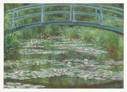 An Impressionist painting by Claude Monet depicting a green Japanese-style footbridge arching over a tranquil pond filled with blooming water lilies and lily pads, all rendered in soft, dappled brushstrokes and framed in a modern silver frame. Print