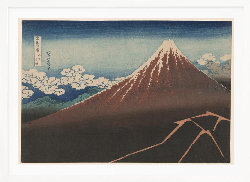 A classic Japanese ukiyo-e woodblock print by Hokusai, 'Thunderstorm Beneath the Summit', depicting a reddish-brown Mount Fuji with its snowy peak against a blue sky. Stylized clouds gather below the summit, and a fork of lightning illuminates the dark landscape at the mountain's base. Print