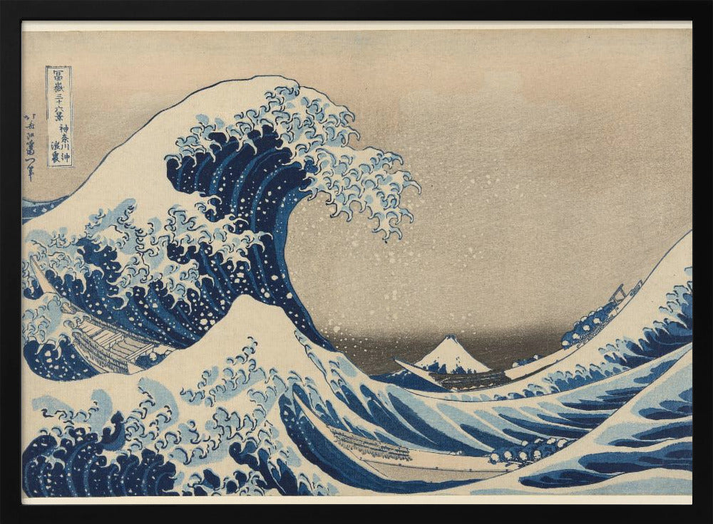 The Great Wave off Kanagawa by Hokusai, a famous Japanese ukiyo-e woodblock print. It depicts a massive, deep blue wave with claw-like white foam cresting and about to crash over three boats, with a small, snow-capped Mount Fuji visible in the background under a pale, graded sky. Artwork