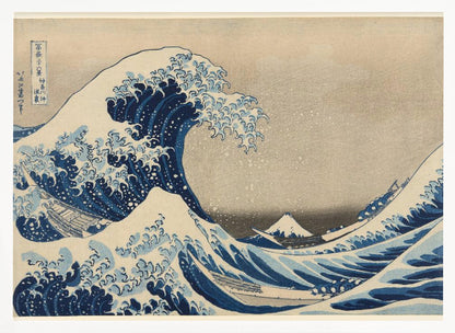 The Great Wave off Kanagawa by Hokusai, a famous Japanese ukiyo-e woodblock print. It depicts a massive, deep blue wave with claw-like white foam cresting and about to crash over three boats, with a small, snow-capped Mount Fuji visible in the background under a pale, graded sky. Artwork