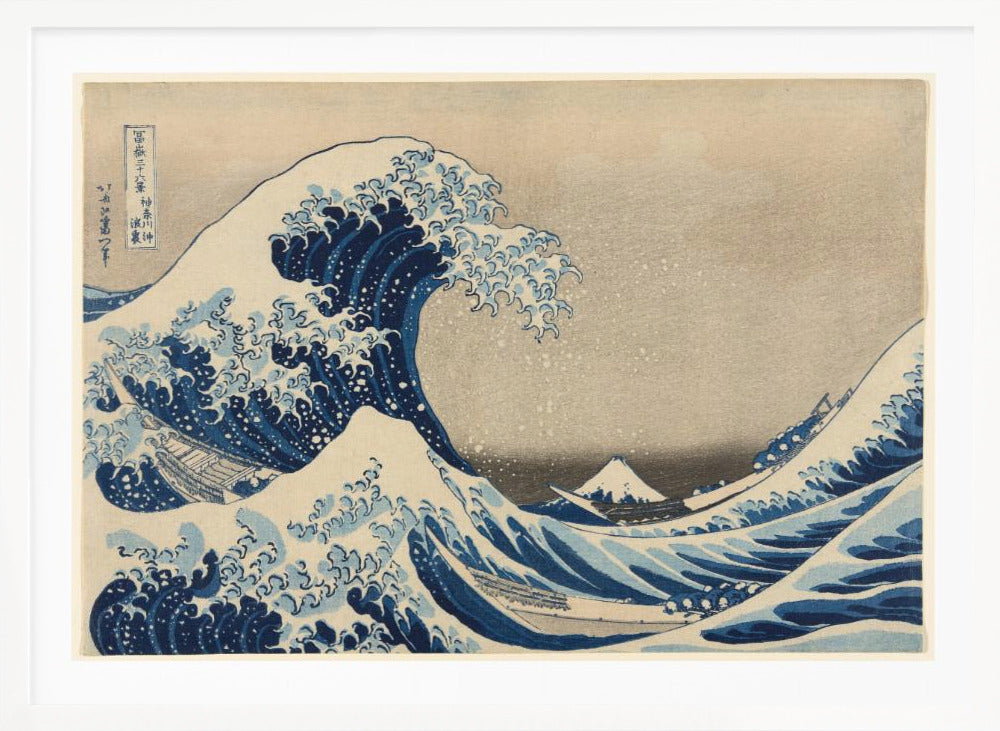 The Great Wave off Kanagawa by Hokusai, a famous Japanese ukiyo-e woodblock print. It depicts a massive, deep blue wave with claw-like white foam cresting and about to crash over three boats, with a small, snow-capped Mount Fuji visible in the background under a pale, graded sky. Artwork