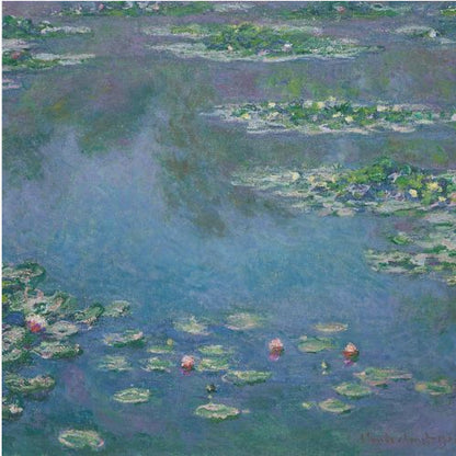 An Impressionist painting by Claude Monet depicting a serene water lily pond. The canvas is filled with cool blue and purple water reflecting the sky, dotted with green lily pads and occasional pink and white water lily blossoms. The artwork is presented in a light wood frame. Artwork