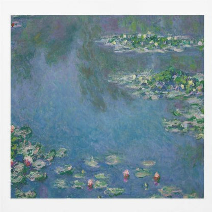 An Impressionist painting by Claude Monet depicting a serene water lily pond. The canvas is filled with cool blue and purple water reflecting the sky, dotted with green lily pads and occasional pink and white water lily blossoms. The artwork is presented in a light wood frame. Artwork
