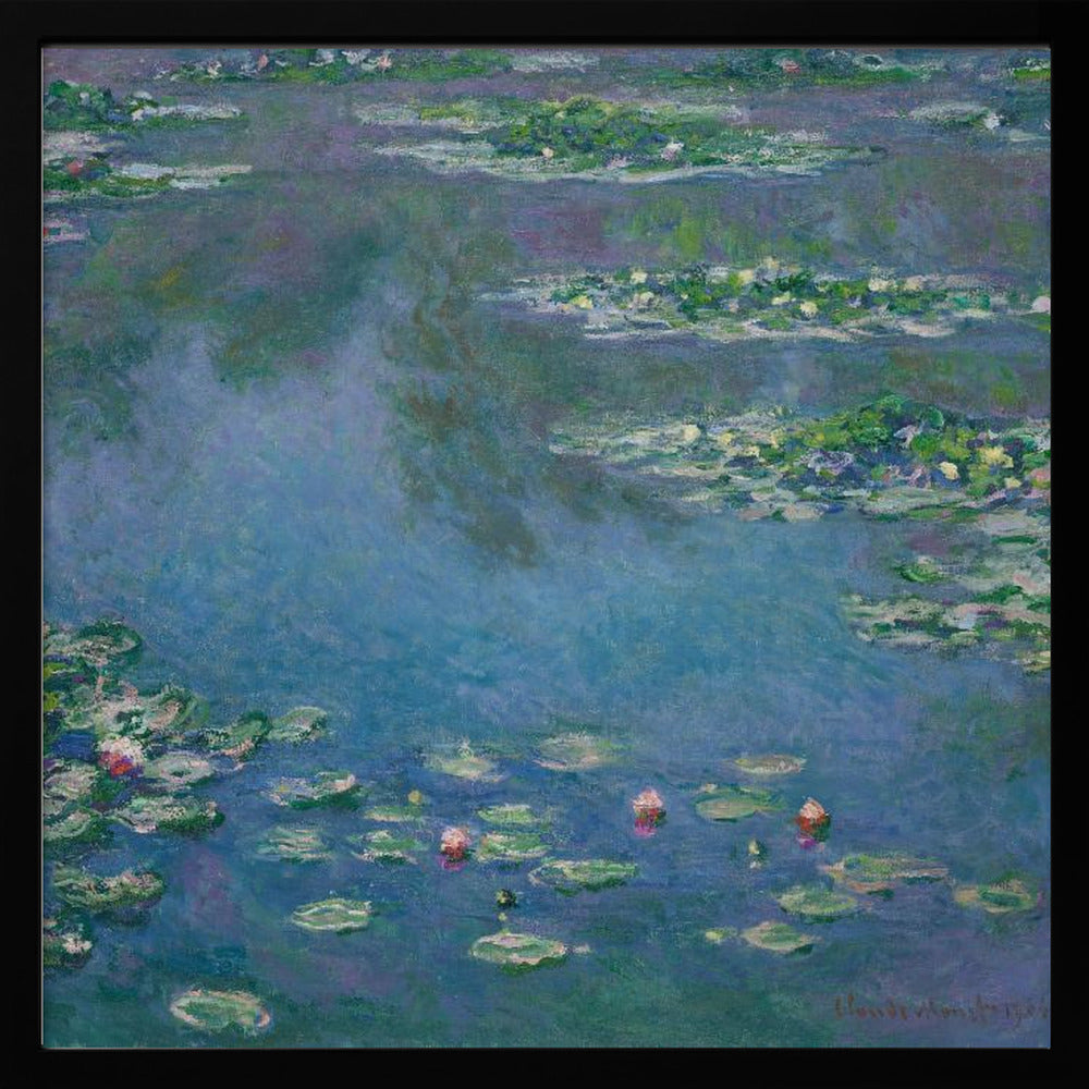 An Impressionist painting by Claude Monet depicting a serene water lily pond. The canvas is filled with cool blue and purple water reflecting the sky, dotted with green lily pads and occasional pink and white water lily blossoms. The artwork is presented in a light wood frame. Artwork