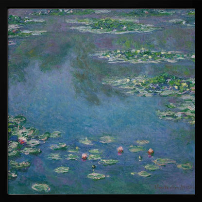An Impressionist painting by Claude Monet depicting a serene water lily pond. The canvas is filled with cool blue and purple water reflecting the sky, dotted with green lily pads and occasional pink and white water lily blossoms. The artwork is presented in a light wood frame. Artwork