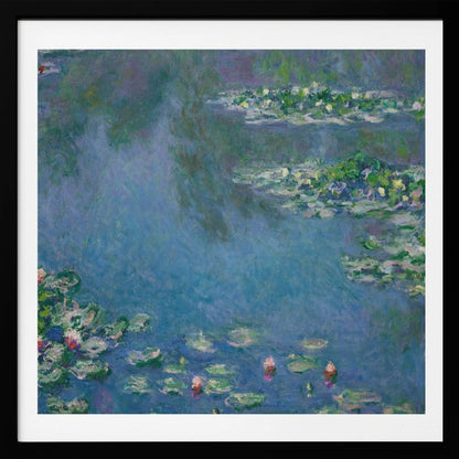 An Impressionist painting by Claude Monet depicting a serene water lily pond. The canvas is filled with cool blue and purple water reflecting the sky, dotted with green lily pads and occasional pink and white water lily blossoms. The artwork is presented in a light wood frame. Artwork