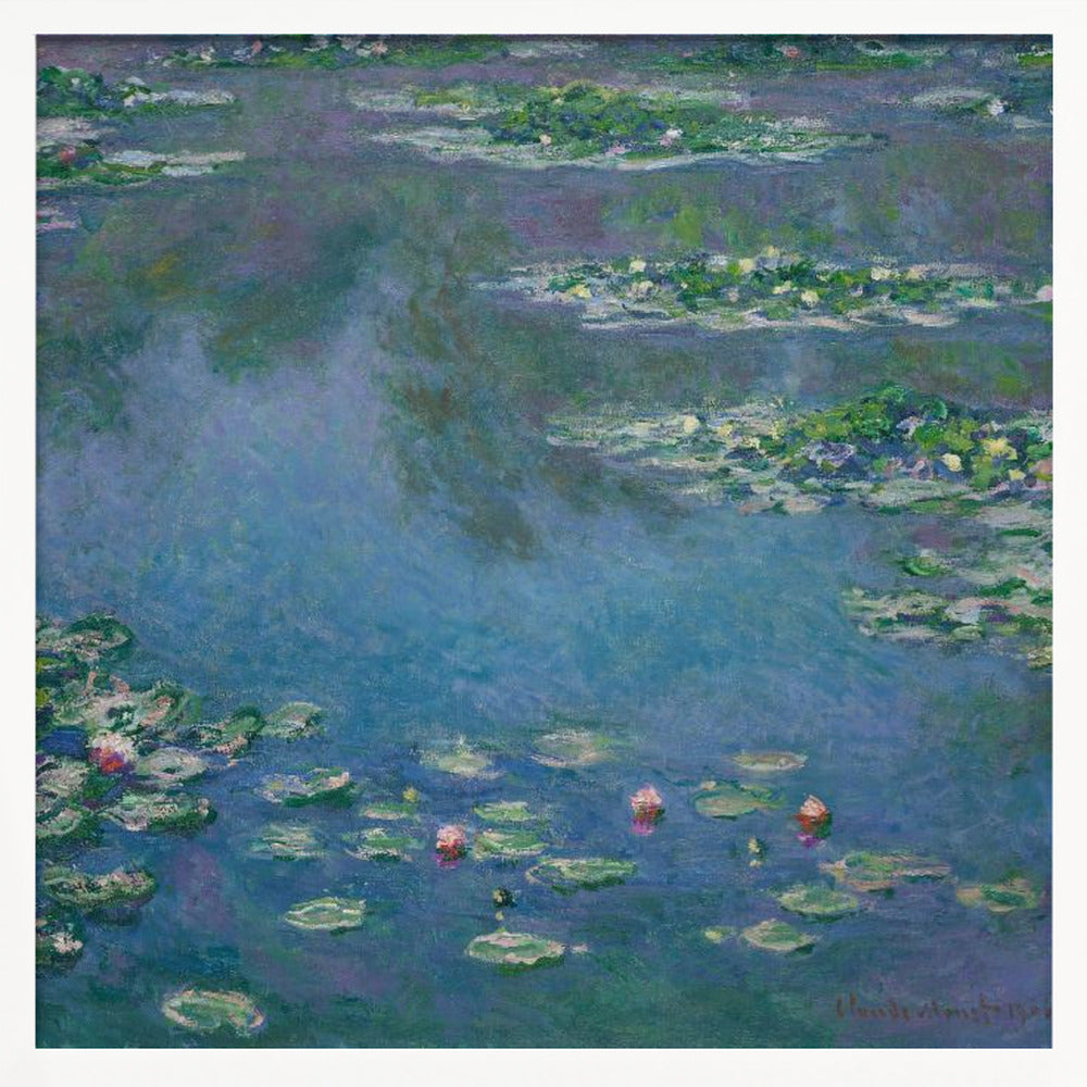 An Impressionist painting by Claude Monet depicting a serene water lily pond. The canvas is filled with cool blue and purple water reflecting the sky, dotted with green lily pads and occasional pink and white water lily blossoms. The artwork is presented in a light wood frame. Artwork