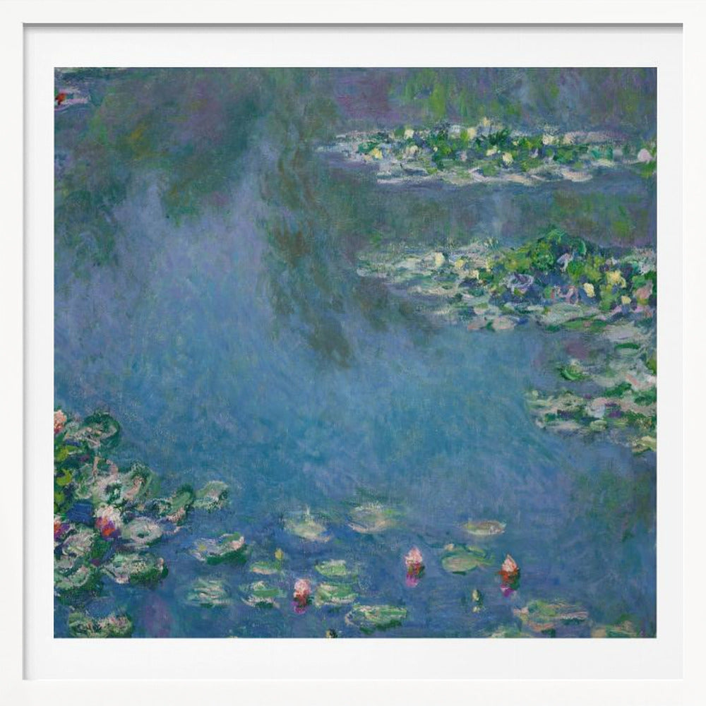 An Impressionist painting by Claude Monet depicting a serene water lily pond. The canvas is filled with cool blue and purple water reflecting the sky, dotted with green lily pads and occasional pink and white water lily blossoms. The artwork is presented in a light wood frame. Artwork