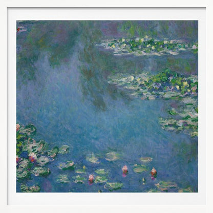 An Impressionist painting by Claude Monet depicting a serene water lily pond. The canvas is filled with cool blue and purple water reflecting the sky, dotted with green lily pads and occasional pink and white water lily blossoms. The artwork is presented in a light wood frame. Artwork