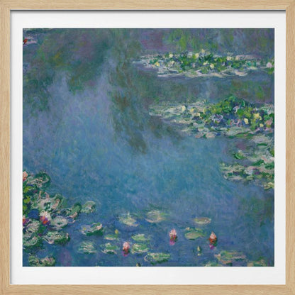 An Impressionist painting by Claude Monet depicting a serene water lily pond. The canvas is filled with cool blue and purple water reflecting the sky, dotted with green lily pads and occasional pink and white water lily blossoms. The artwork is presented in a light wood frame. Artwork