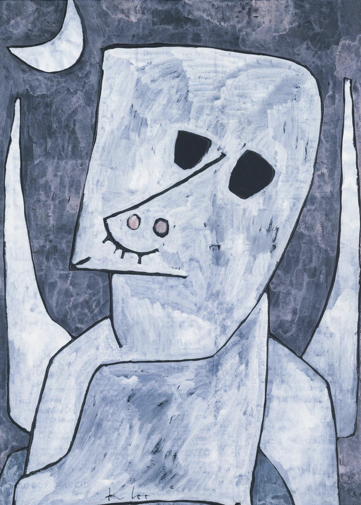 An abstract painting of a stylized, angel-like figure in shades of light blue and white with black outlines. The figure has a large, blocky head with empty black eyes, a triangular nose, and appears to have wings. The background is a dark, mottled blue-grey with a white crescent moon in the upper left corner. Decor