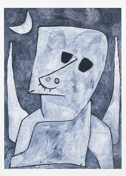 An abstract painting of a stylized, angel-like figure in shades of light blue and white with black outlines. The figure has a large, blocky head with empty black eyes, a triangular nose, and appears to have wings. The background is a dark, mottled blue-grey with a white crescent moon in the upper left corner. Decor