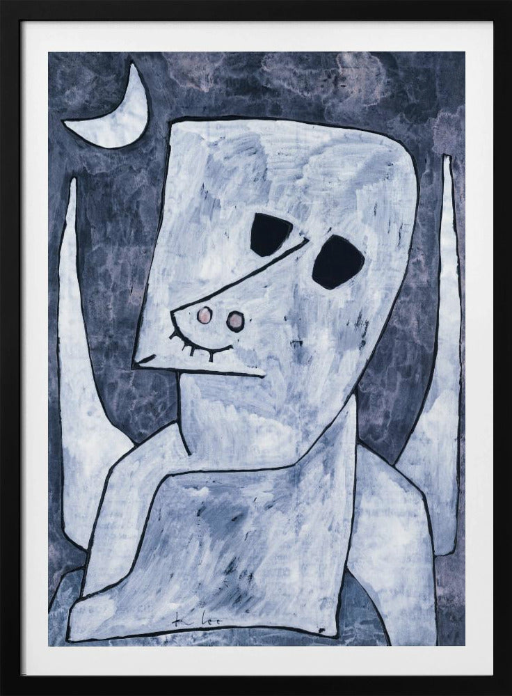 An abstract painting of a stylized, angel-like figure in shades of light blue and white with black outlines. The figure has a large, blocky head with empty black eyes, a triangular nose, and appears to have wings. The background is a dark, mottled blue-grey with a white crescent moon in the upper left corner. Decor
