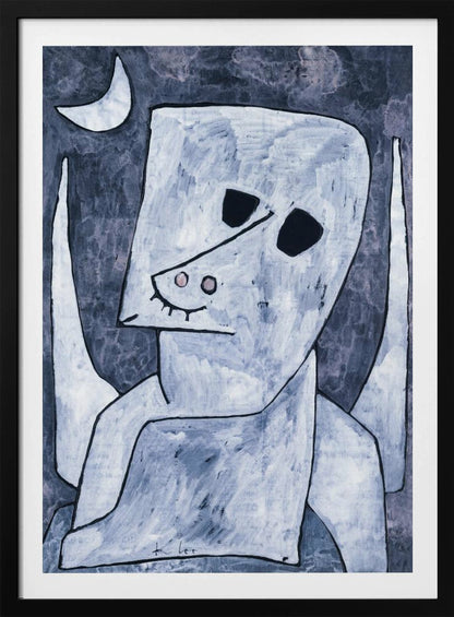 An abstract painting of a stylized, angel-like figure in shades of light blue and white with black outlines. The figure has a large, blocky head with empty black eyes, a triangular nose, and appears to have wings. The background is a dark, mottled blue-grey with a white crescent moon in the upper left corner. Decor