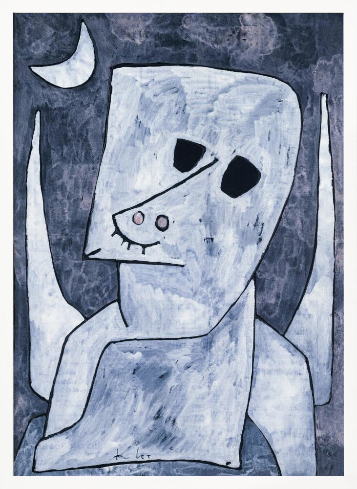 An abstract painting of a stylized, angel-like figure in shades of light blue and white with black outlines. The figure has a large, blocky head with empty black eyes, a triangular nose, and appears to have wings. The background is a dark, mottled blue-grey with a white crescent moon in the upper left corner. Decor