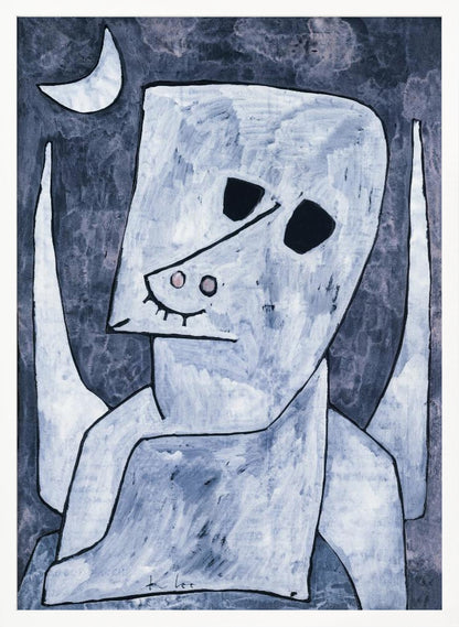 An abstract painting of a stylized, angel-like figure in shades of light blue and white with black outlines. The figure has a large, blocky head with empty black eyes, a triangular nose, and appears to have wings. The background is a dark, mottled blue-grey with a white crescent moon in the upper left corner. Decor