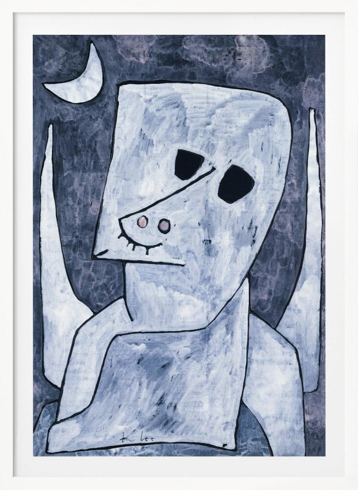 An abstract painting of a stylized, angel-like figure in shades of light blue and white with black outlines. The figure has a large, blocky head with empty black eyes, a triangular nose, and appears to have wings. The background is a dark, mottled blue-grey with a white crescent moon in the upper left corner. Decor