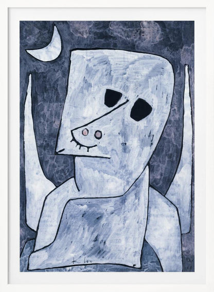 An abstract painting of a stylized, angel-like figure in shades of light blue and white with black outlines. The figure has a large, blocky head with empty black eyes, a triangular nose, and appears to have wings. The background is a dark, mottled blue-grey with a white crescent moon in the upper left corner. Decor