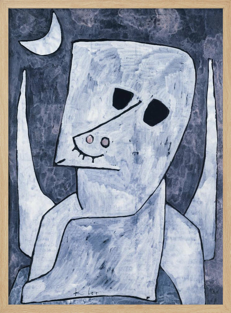 An abstract painting of a stylized, angel-like figure in shades of light blue and white with black outlines. The figure has a large, blocky head with empty black eyes, a triangular nose, and appears to have wings. The background is a dark, mottled blue-grey with a white crescent moon in the upper left corner. Decor