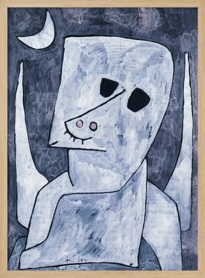 An abstract painting of a stylized, angel-like figure in shades of light blue and white with black outlines. The figure has a large, blocky head with empty black eyes, a triangular nose, and appears to have wings. The background is a dark, mottled blue-grey with a white crescent moon in the upper left corner. Decor