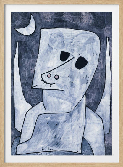 An abstract painting of a stylized, angel-like figure in shades of light blue and white with black outlines. The figure has a large, blocky head with empty black eyes, a triangular nose, and appears to have wings. The background is a dark, mottled blue-grey with a white crescent moon in the upper left corner. Decor