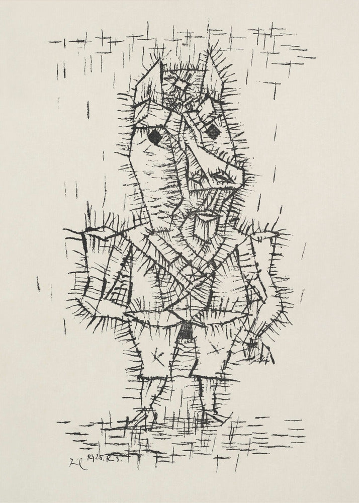 A framed black and white abstract ink drawing by Paul Klee from 1925. The artwork features a stylized, angular figure of a man rendered with short, spiky, and dense black lines, giving it a thorny texture. The figure stands on a similarly textured ground, against a stark, off-white background with a few scattered lines. Artwork