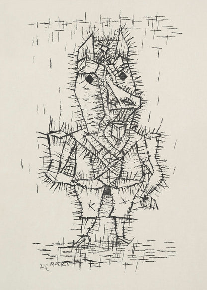 A framed black and white abstract ink drawing by Paul Klee from 1925. The artwork features a stylized, angular figure of a man rendered with short, spiky, and dense black lines, giving it a thorny texture. The figure stands on a similarly textured ground, against a stark, off-white background with a few scattered lines. Artwork