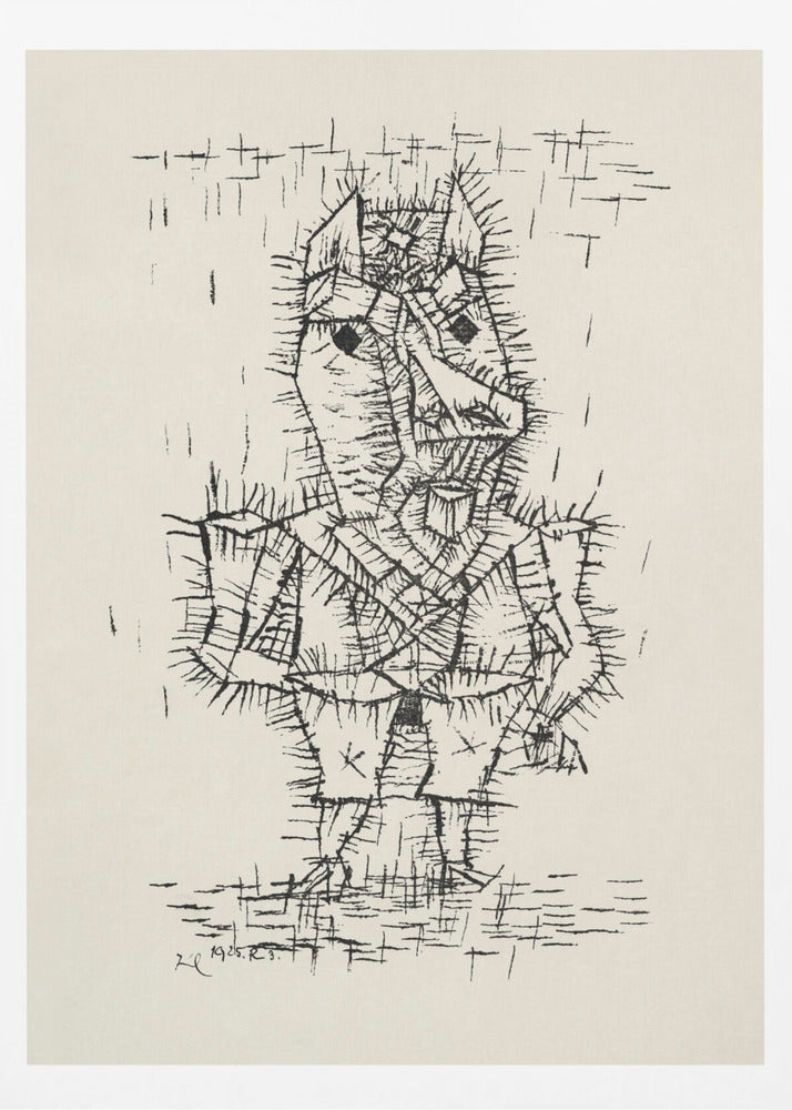 A framed black and white abstract ink drawing by Paul Klee from 1925. The artwork features a stylized, angular figure of a man rendered with short, spiky, and dense black lines, giving it a thorny texture. The figure stands on a similarly textured ground, against a stark, off-white background with a few scattered lines. Artwork