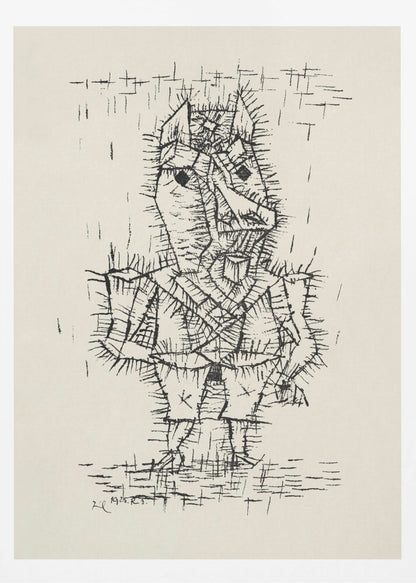 A framed black and white abstract ink drawing by Paul Klee from 1925. The artwork features a stylized, angular figure of a man rendered with short, spiky, and dense black lines, giving it a thorny texture. The figure stands on a similarly textured ground, against a stark, off-white background with a few scattered lines. Artwork