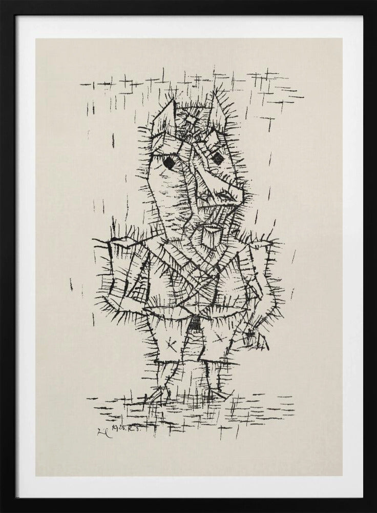 A framed black and white abstract ink drawing by Paul Klee from 1925. The artwork features a stylized, angular figure of a man rendered with short, spiky, and dense black lines, giving it a thorny texture. The figure stands on a similarly textured ground, against a stark, off-white background with a few scattered lines. Artwork