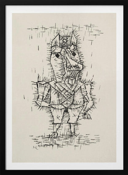 A framed black and white abstract ink drawing by Paul Klee from 1925. The artwork features a stylized, angular figure of a man rendered with short, spiky, and dense black lines, giving it a thorny texture. The figure stands on a similarly textured ground, against a stark, off-white background with a few scattered lines. Artwork