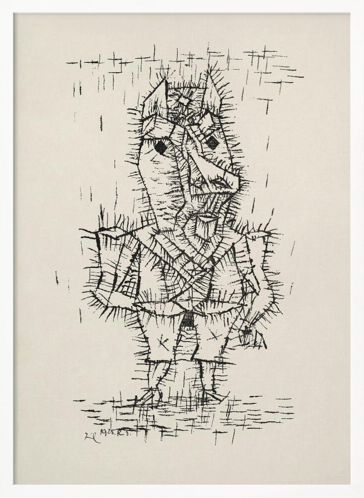 A framed black and white abstract ink drawing by Paul Klee from 1925. The artwork features a stylized, angular figure of a man rendered with short, spiky, and dense black lines, giving it a thorny texture. The figure stands on a similarly textured ground, against a stark, off-white background with a few scattered lines. Artwork