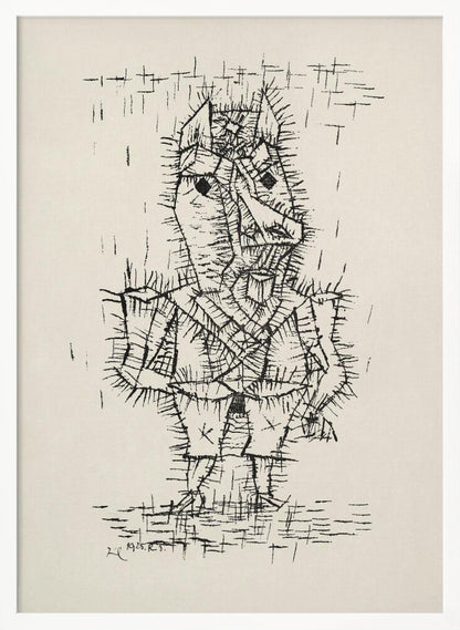 A framed black and white abstract ink drawing by Paul Klee from 1925. The artwork features a stylized, angular figure of a man rendered with short, spiky, and dense black lines, giving it a thorny texture. The figure stands on a similarly textured ground, against a stark, off-white background with a few scattered lines. Artwork