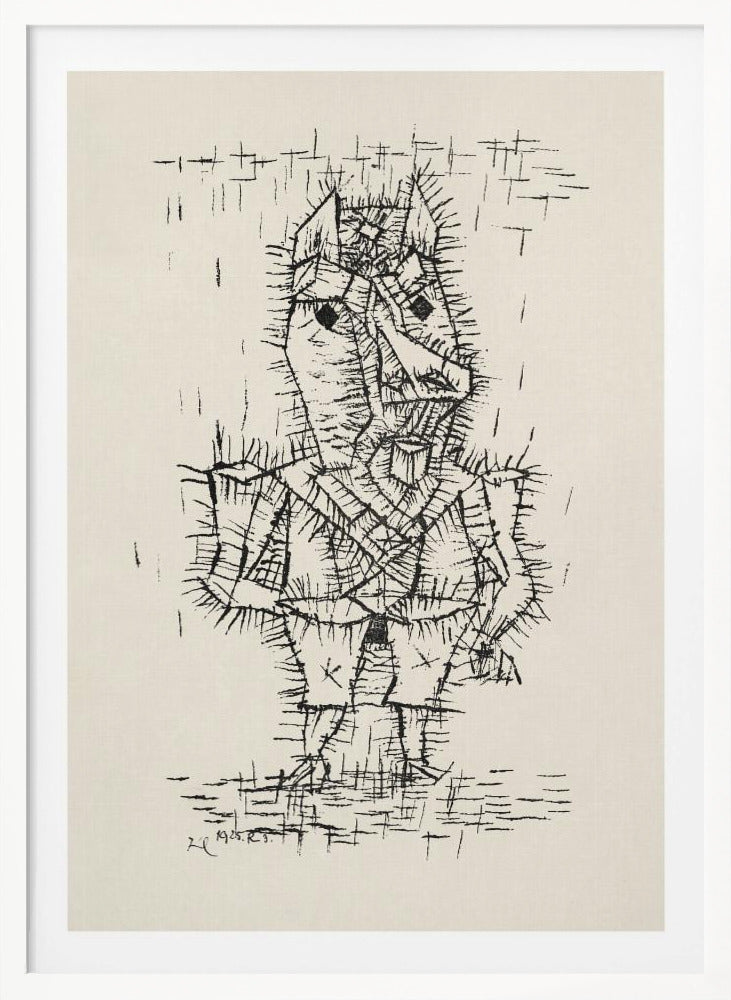 A framed black and white abstract ink drawing by Paul Klee from 1925. The artwork features a stylized, angular figure of a man rendered with short, spiky, and dense black lines, giving it a thorny texture. The figure stands on a similarly textured ground, against a stark, off-white background with a few scattered lines. Artwork