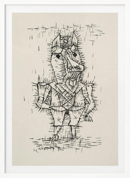 A framed black and white abstract ink drawing by Paul Klee from 1925. The artwork features a stylized, angular figure of a man rendered with short, spiky, and dense black lines, giving it a thorny texture. The figure stands on a similarly textured ground, against a stark, off-white background with a few scattered lines. Artwork