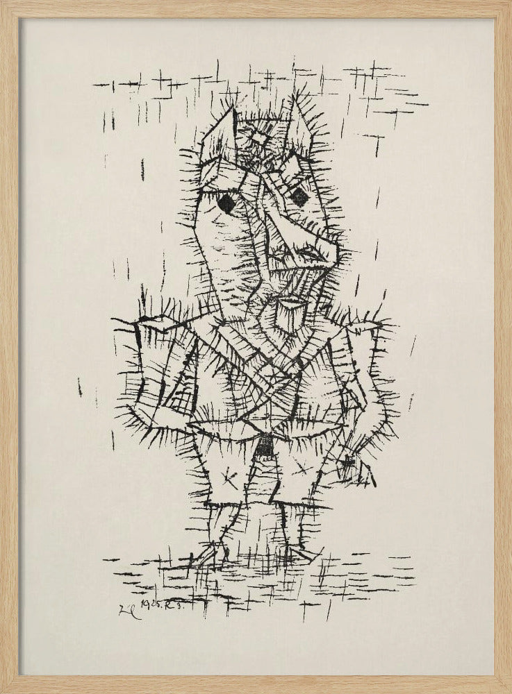 A framed black and white abstract ink drawing by Paul Klee from 1925. The artwork features a stylized, angular figure of a man rendered with short, spiky, and dense black lines, giving it a thorny texture. The figure stands on a similarly textured ground, against a stark, off-white background with a few scattered lines. Artwork