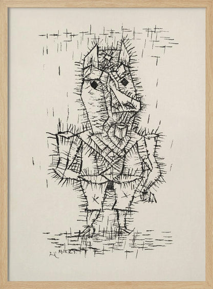 A framed black and white abstract ink drawing by Paul Klee from 1925. The artwork features a stylized, angular figure of a man rendered with short, spiky, and dense black lines, giving it a thorny texture. The figure stands on a similarly textured ground, against a stark, off-white background with a few scattered lines. Artwork